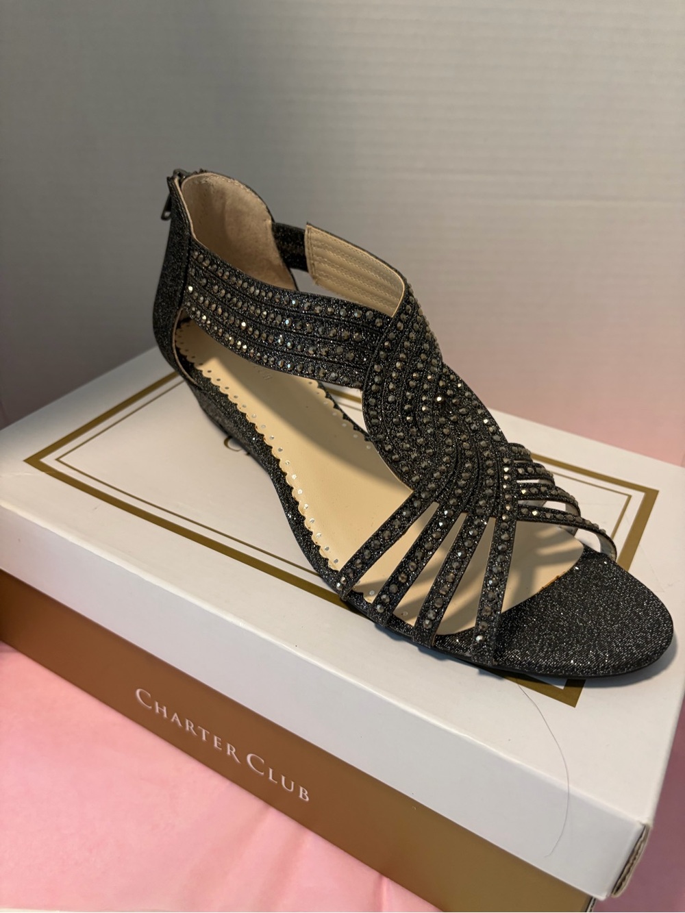 Charter Club Black Glitter Beaded Strappy Heel Sandals
